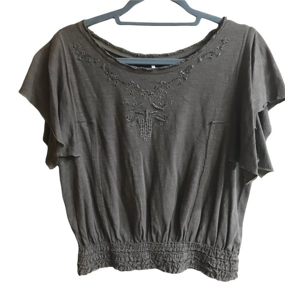 Free People Slub Top Blouse Embellished Women Size Small Green 100% Cotton - Picture 2 of 8